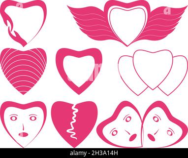 Set di vari personaggi con icone a forma di cuore, ideale per materiali di design, biglietti d'auguri, regali Illustrazione Vettoriale