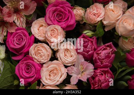 sfondo di fiori colorati. Sfondo di rose. Molti fiori sullo sfondo Foto Stock