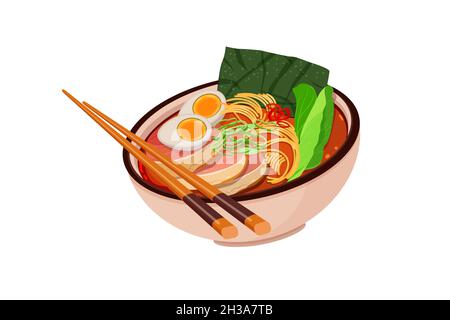 Zuppa di ramen di miso tradizionale asiatica in ciotola Illustrazione Vettoriale