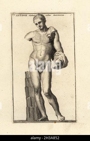 Statua di Antinous, gioventù greca, favorito dell'imperatore Adriano. Antinoi statua vetus marmorea. Incisione copperplate di Giovanni Battista Cannetti da Copperplate delle più belle statue antiche di Roma, Calcografia di piu belle statue antiche a Roma, incisa da Cannetti all'Arco della Ciambella, edita da Gaetano Quojani, Roma, 1779. Foto Stock