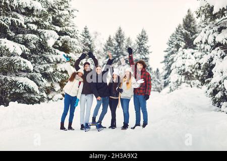 Amici eccitati che sventolano le mani nei boschi invernali Foto Stock