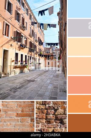 Tavolozza di colori corrispondenti dall'immagine delle linee di lavaggio di tutta la strada a Venezia, Italia. Lavanderia appesa su una linea di abbigliamento tra gli edifici della città. Vestiti Foto Stock