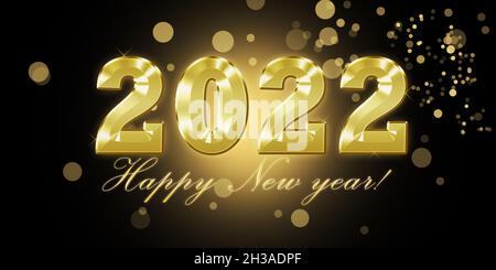 Felice anno nuovo 2022. Biglietto di auguri o invito. Lettere dorate su sfondo nero con bokeh e scintille. Foto Stock