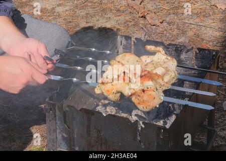 L'uomo arrostita carne di pollo all'aperto nella foresta. Frittura di carne alla griglia all'aperto. Pezzi fritti di spiedini di carne di pollo su carboni. Foto Stock