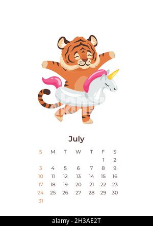 Cartoon Tiger 2022 luglio calendario modello formato A4. Illustrazione Vettoriale