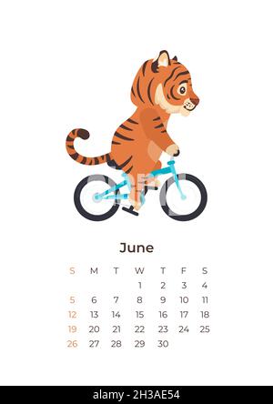 Cartoon Tiger Giugno 2022 modello di calendario in formato A4. Illustrazione Vettoriale