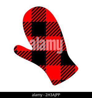 Guanto invernale con motivo bufalo nero e rosso. Forma palma umana con stampa a scacchi Gingham. Illustrazione piatta vettoriale. Illustrazione Vettoriale
