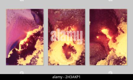 Set di motivi in marmo. Texture geode in oro, viola e rosso con glitter. Sfondo vettoriale astratto nella tecnica dell'inchiostro alcolico. Pittura moderna con scintilla Illustrazione Vettoriale