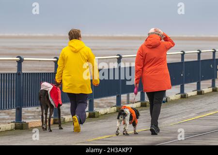 Southport, Merseyside. Meteo Regno Unito. 27 Ott 2021. Giornata bagnata e ventosa nella località balneare nord-occidentale. Nuvoloso e ventoso con la fascia di pioggia che si inonda dal nord-ovest. Alcune delle piogge si aspettavano a volte essere pesanti e persistenti. Credit: MediaWorldImages/AlamyLiveNews Foto Stock