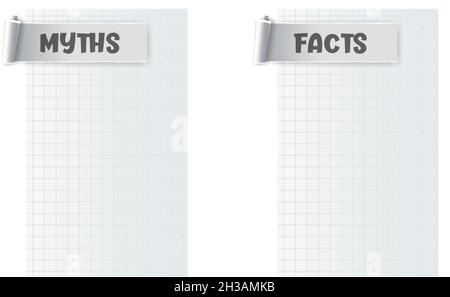 Miti e fatti segno. Design dell'intestazione Miths vs Facts con cornice per testo. I fatti veri o falsi sono una bolla. Carta strappata per qualsiasi scopo. Illustrazione Vettoriale