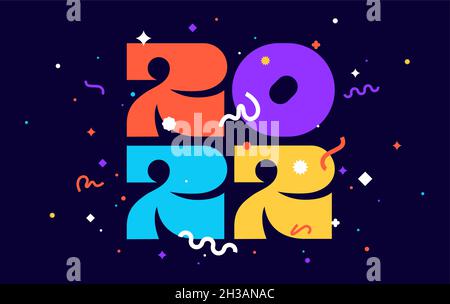 2022, Felice Anno Nuovo. Biglietto d'auguri con iscrizione Felice anno nuovo 2022. Stile geometrico brillante per Felice anno nuovo 2022. Sfondo delle vacanze, banner, poster. Illustrazione vettoriale Illustrazione Vettoriale