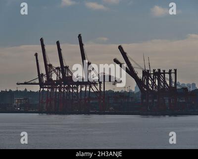 Vista della zona industriale di container banchine Centennial Terminals (CenterM) nel porto marittimo di Vancouver con sagome di gru in giornata vertiginosa. Foto Stock