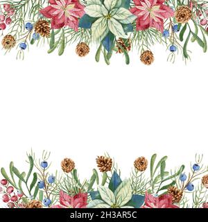 Illustrazione invernale di Natale. Cornice quadrata con fiori di poinsettia acquerello, rametti di abete, coni, bacche blu e rosse Foto Stock