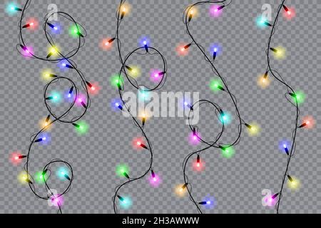 Set di luci di Natale isolato realistici elementi di design. Luci incandescenti per Natale cartoline vacanza, banner, poster, web design. Ghirlande decorazioni. Illustrazione Vettoriale