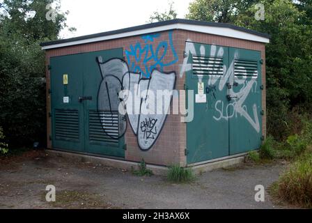 Graffiti sulla scatola di giunzione vicino A1 a Skellow, vicino Doncaster, South Yorkshire Foto Stock