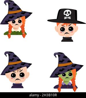 Set di ragazza, ragazzo e bambino con pelle bianca e verde, capelli rossi, emozioni arrabbiate, viso grumpy, occhi furiosi in cappello a strega appuntita. Testa di bambino con espressione furiosa in costume da carnevale per Halloween Illustrazione Vettoriale