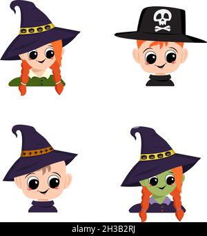 Set di ragazza, ragazzo e bambino con pelle bianca e verde, capelli rossi, occhi grandi e ampio sorriso felice in strega appuntita cappello con zucca. Testa di bambino con volto gioioso. Decorazione di festa di Halloween Illustrazione Vettoriale