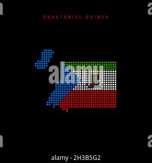 Mappa a punti quadrati della Guinea Equatoriale. Mappa dei pixel punteggiata con i colori della bandiera nazionale isolati su sfondo nero. Illustrazione. Foto Stock