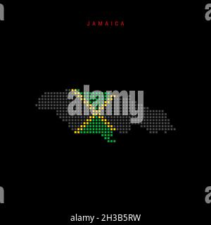 Mappa a punti quadrati della Giamaica. Mappa dei pixel punteggiata con i colori della bandiera nazionale isolati su sfondo nero. Illustrazione. Foto Stock