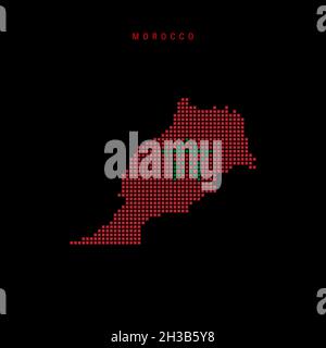 Mappa a punti quadrati del Marocco. Mappa dei pixel punteggiata con i colori della bandiera nazionale isolati su sfondo nero. Illustrazione. Foto Stock