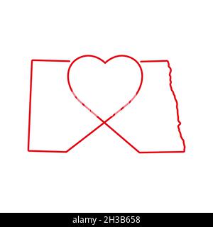 North Dakota Stati Uniti stato rosso contorno mappa con la forma del cuore manoscritto. Linea continua di segno di casa patriottica. Un amore per una piccola patria. T Foto Stock