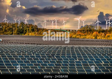 Solar Feld und Windkraftanlagen im Solar Valley .Standort vieler Solarfirmen wie Q-Cells Sovello bei Bitterfeld-Wolfen in Sachsen-Anhalt, Deutschland Foto Stock