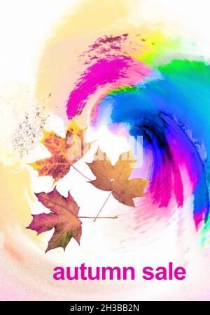 modello di vendita autunnale con tre foglie di acero astratto sfondo luminoso spruzzi di vernice colorata Foto Stock
