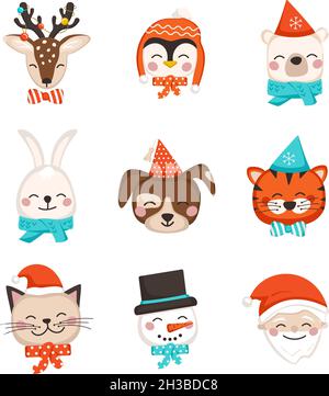 Simpatici animali di Natale in cappello rosso di Santa, con sciarpa o arco. Elementi decorativi per feste per bambini e design per Capodanno Illustrazione Vettoriale