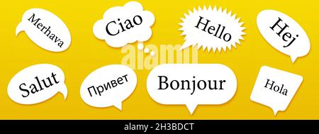 Banner giornata mondiale di hello con bollicine con parola Ciao in diverse lingue - Inglese, Russo, Spagnolo, Italiano, Francese, Turco, Svezia Illustrazione Vettoriale