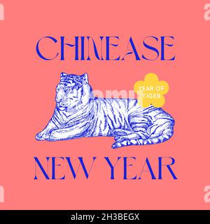 Modello di biglietto d'auguri per il Capodanno asiatico felice 2022. Etichetta del segno cinese dello zodiaco della tigre disegnata a mano con la tipografia moderna su sfondo rosa. Orientale Illustrazione Vettoriale