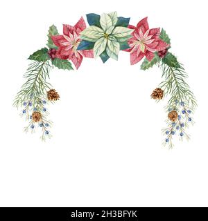 Natale inverno Illustration.A corona con acquerello poinsettia fiori, abete ramoscelli, coni, blu e rosso bacche Foto Stock