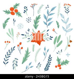 Set vettoriale di decorazioni floreali di Natale. Fascio di fiori, rami e coni di pino. . Illustrazione dei bambini. Scrapbook collezione alla moda Illustrazione Vettoriale
