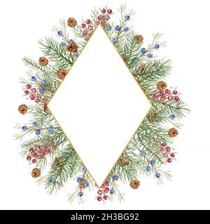 Illustrazione invernale di Natale. Cornice a forma di diamante con rametti di abete rosso acquerello, coni, bacche blu e rosse Foto Stock