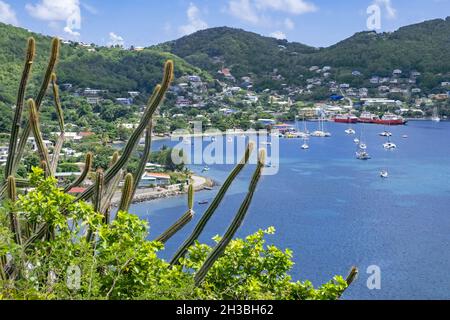 Vista sulla baia e la capitale Port Elizabeth sull'isola di Bequia, parte della nazione di Saint Vincent e Grenadine nel Mar dei Caraibi Foto Stock
