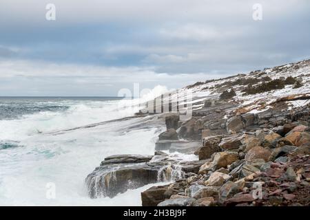 Una giornata invernale soleggiata con un cielo blu e nuvole bianche. Il litorale roccioso ha roccia di scisto, ghiaccio e neve con alberi sono racchiusi dall'oceano blu. Foto Stock