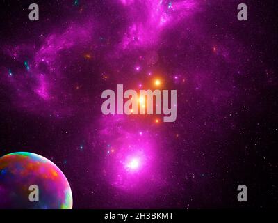 Pianeta e stelle nello spazio esterno - astratto illustrazione 3d Foto Stock
