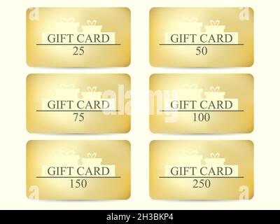 Set di carte regalo dorate con confezione regalo. Modello di design per carte regalo e sconto, prodotti di marketing. Carte in tagli: 25, 50, 75, 100, 150, Illustrazione Vettoriale