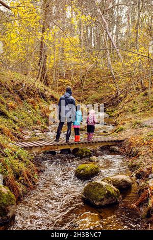 Padre escursioni con due figlie in bella natura in freddo giorno d'autunno, in piedi su un semplice ponte di legno. Fondo del fiume ruvido con colline sullo sfondo. Foto Stock
