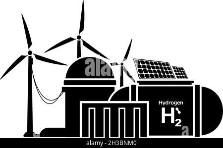 Produzione di idrogeno utilizzando fonti di energia rinnovabili. Icona vettore su sfondo trasparente Illustrazione Vettoriale