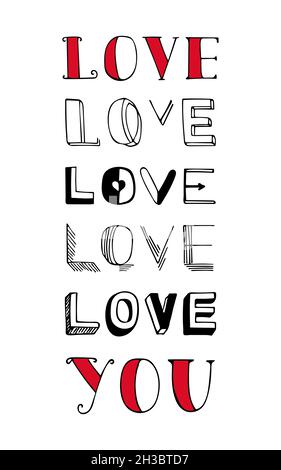 Biglietto d'auguri per la giornata di San Valentino con lettere sul tema "Love You". Illustrazione vettoriale. Illustrazione Vettoriale