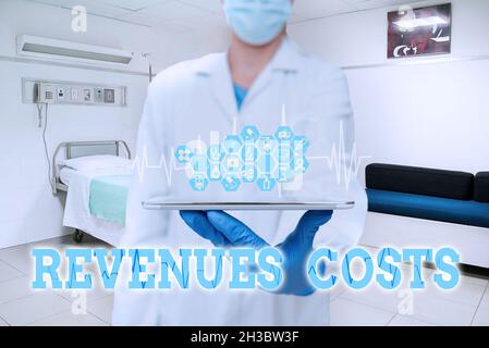 Ispirazione che mostra i costi dei ricavi dei segni. Internet Concept quantità totale di denaro in produzione e consegna un prodotto Donna vestito scrivere sullo schermo Foto Stock