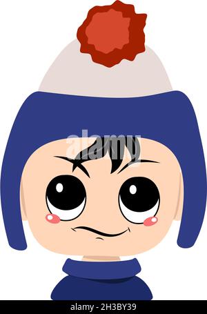 Bambino con emozioni di occhi sospettosi e dispiaciuti in cappello blu con pompom. Capretto con espressione infastidita in headdress autunnale o invernale Illustrazione Vettoriale