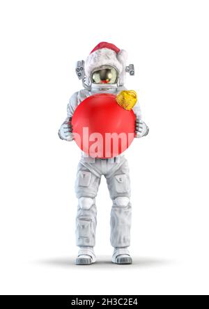 Astronauta ornamento di Natale - illustrazione 3D dello spazio vestito che indossa figura maschile indossando Santa cappello e tenendo festive decorazione bauble su bianco Foto Stock