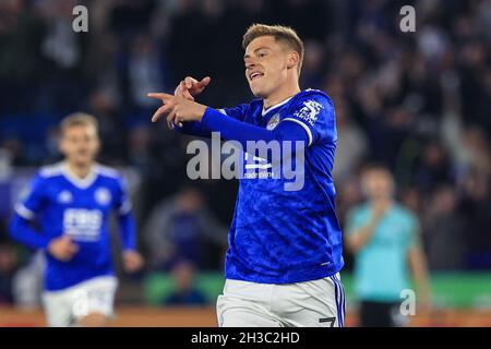 Leicester, Regno Unito. 27 ottobre 2021. Harvey Barnes #7 di Leicester City celebra il suo obiettivo di rendere 1-0 a Leicester, Regno Unito il 10/27/2021. (Foto di Mark Cosgrove/News Images/Sipa USA) Credit: Sipa USA/Alamy Live News Foto Stock