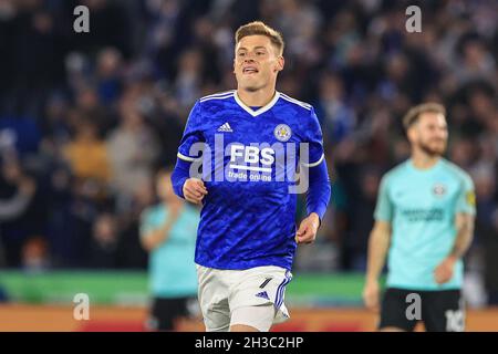 Leicester, Regno Unito. 27 ottobre 2021. Harvey Barnes #7 di Leicester City celebra il suo obiettivo di rendere 1-0 a Leicester, Regno Unito il 10/27/2021. (Foto di Mark Cosgrove/News Images/Sipa USA) Credit: Sipa USA/Alamy Live News Foto Stock