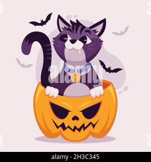 disegno piatto vettore illustrazione halloween gatto zucca Illustrazione Vettoriale