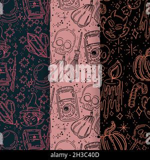 illustrazione vettoriale disegno a mano di halloween patterns collection Illustrazione Vettoriale