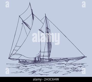 Goletta a due alberi che naviga su un mare ondulato, isolata su sfondo blu-grigio chiaro Illustrazione Vettoriale