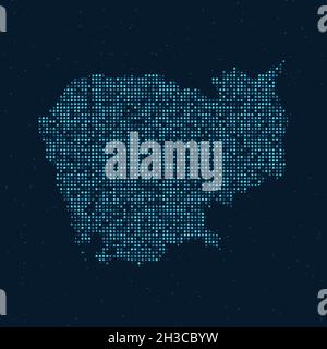 Mezzitoni astratti punteggiati con effetto stellato su sfondo blu scuro con mappa della Cambogia. Tecnologia digitale punteggiata design sfera e struttura. vecto Illustrazione Vettoriale
