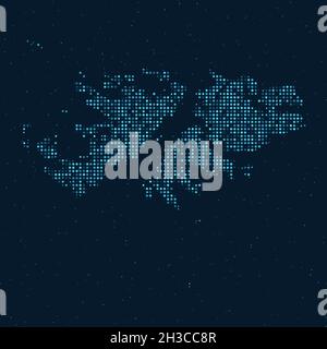 Mezzitoni punteggiati astratti con effetto stellato su sfondo blu scuro con mappa delle Isole Falkland (Isole Malvinas). Design digitale con tecnologia punteggiata Illustrazione Vettoriale